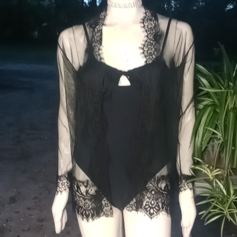 2 for 1 "Xhileration" black 1pc. Swimsuit w/black sheer cover-up